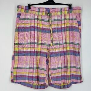 Dash Womens Medium Pull-On Bermuda Shorts Pink Blue Green Plaid Linen Rayon 10"